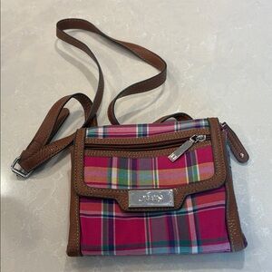 Chaps Pink Multi-Color Plaid Crossbody with Brown Trim